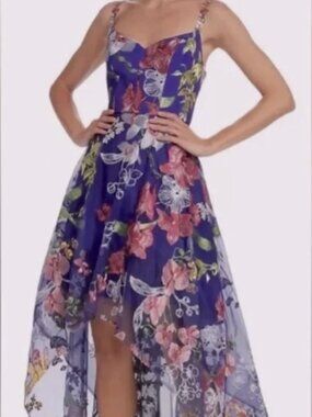 Marchesa Notte Floral Embroidered High-Low Gown Cobalt Blue Size 6 Dress